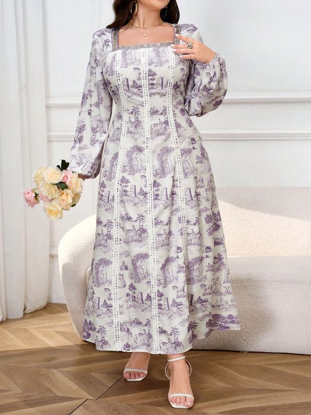 Spring Autumn Fusion Dress -Slim Fit Square Neckline With Splash Flare Skirt | Unique Patchwork Print | Sizes 0XL-4XL_ecoleips.com