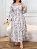 Spring Autumn Fusion Dress -Slim Fit Square Neckline With Splash Flare Skirt | Unique Patchwork Print | Sizes 0XL-4XL_ecoleips.com