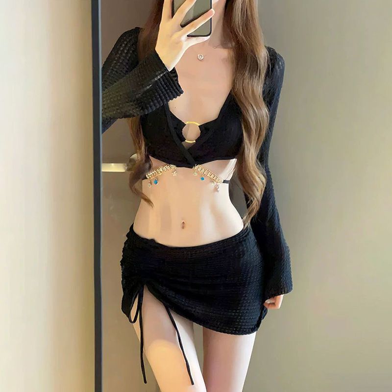 New High-End Women's Swimsuit Set Two-Piece Bikini Sexy Long-Sleeved Sunscreen Hot Spring Wear_ecoleips.com
