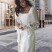 New Women's French Style Dress Square Neckline Spliced Mesh Sheer Flared Sleeves Slim Waist Fishtail Design_ecoleips.com
