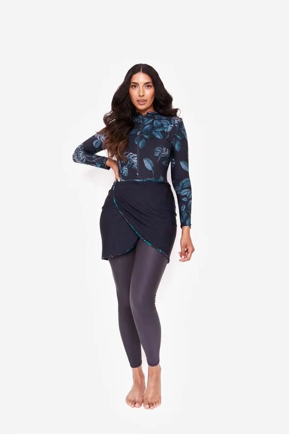 Women's Clothing Three Piece Swimsuit Zipper Half Flower Leaf Print Full Sunscreen_ecoleips.com