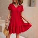 Women's V-Neck Casual Dress – Lightweight Short Sleeve Solid Color Relaxed Fit Maxi Dress For Everyday Wear_ecoleips.com
