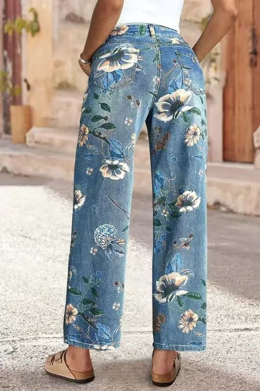 Women's Printed Denim Straight Leg Wide Leg Pants Cotton Bohemian Casual Spring Autumn Fashion Outerwear_ecoleips.com