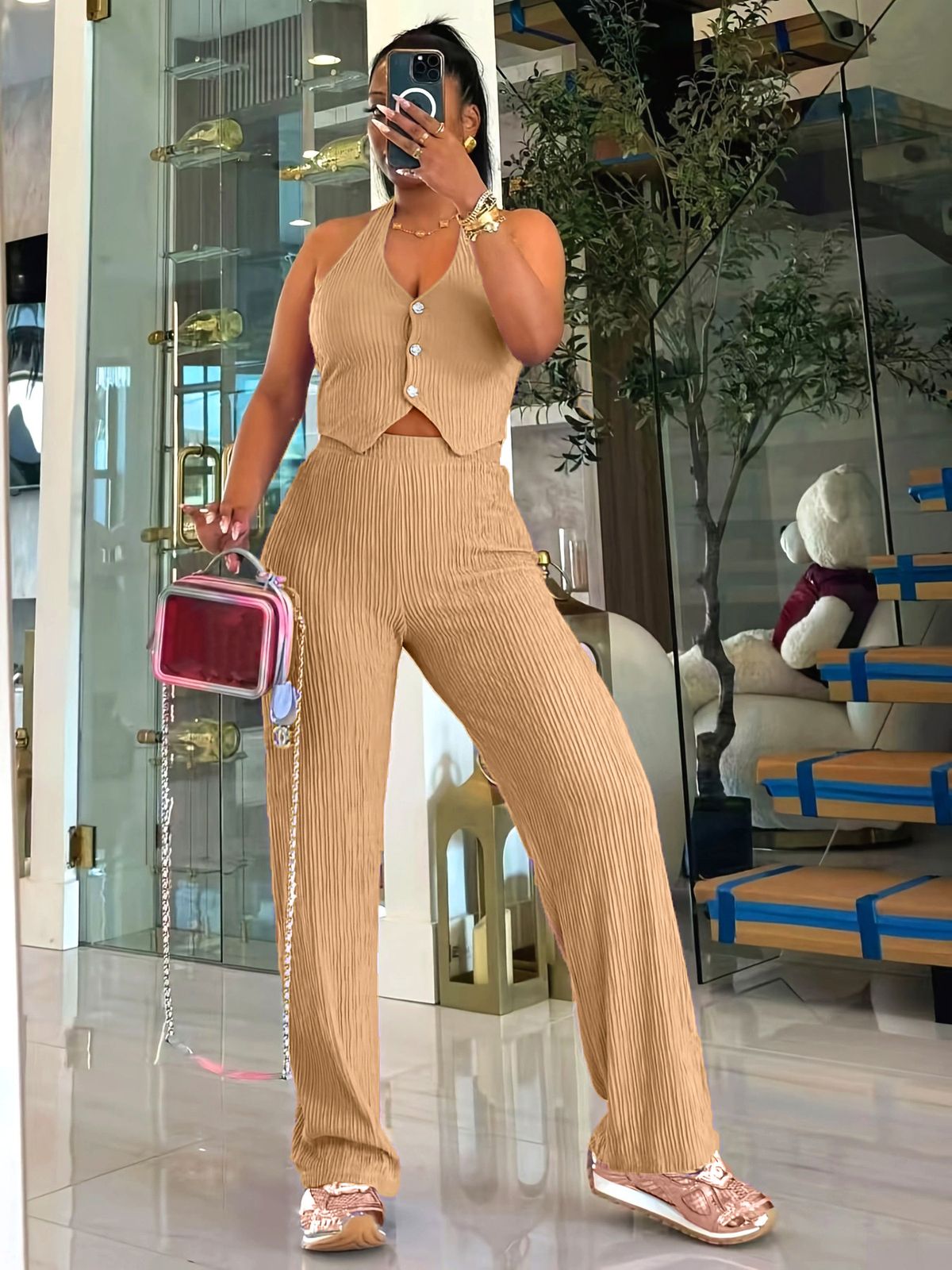 Women's Slim Fit Fashion Vest And High-Waisted Wide-Leg Pants Set Spring Summer Elegant Outfit for Casual Occasions_ecoleips.com