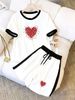 Summer Women's Red Heart Print Two-Piece Set Casual Short-Sleeved Shirt And Shorts Polyester Fashion_ecoleips.com
