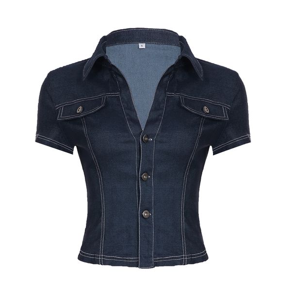 American Street Style Personalized Spice Girl Tooling Imitation Denim Shirt V-lapel Three-button Cardigan Casual Top_ecoleips.com