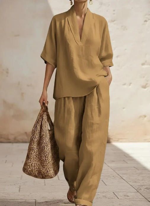 Women's Solid Color Linen Two Piece Set Casual Comfortable Minimalist Spring/Summer mid Waist Full Length Pants European American Style_ecoleips.com