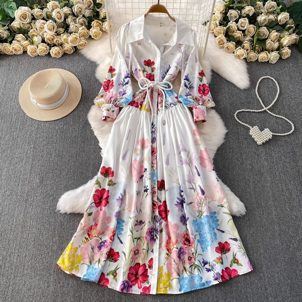 Women's Elegant Floral Print Blouse Dress French Vacation Style Lantern Sleeves Waist Tie Mid-Length A-Line Dress_ecoleips.com