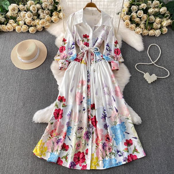 Women's Elegant Floral Print Blouse Dress French Vacation Style Lantern Sleeves Waist Tie Mid-Length A-Line Dress_ecoleips.com