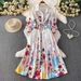 Women's Elegant Floral Print Blouse Dress French Vacation Style Lantern Sleeves Waist Tie Mid-Length A-Line Dress_ecoleips.com
