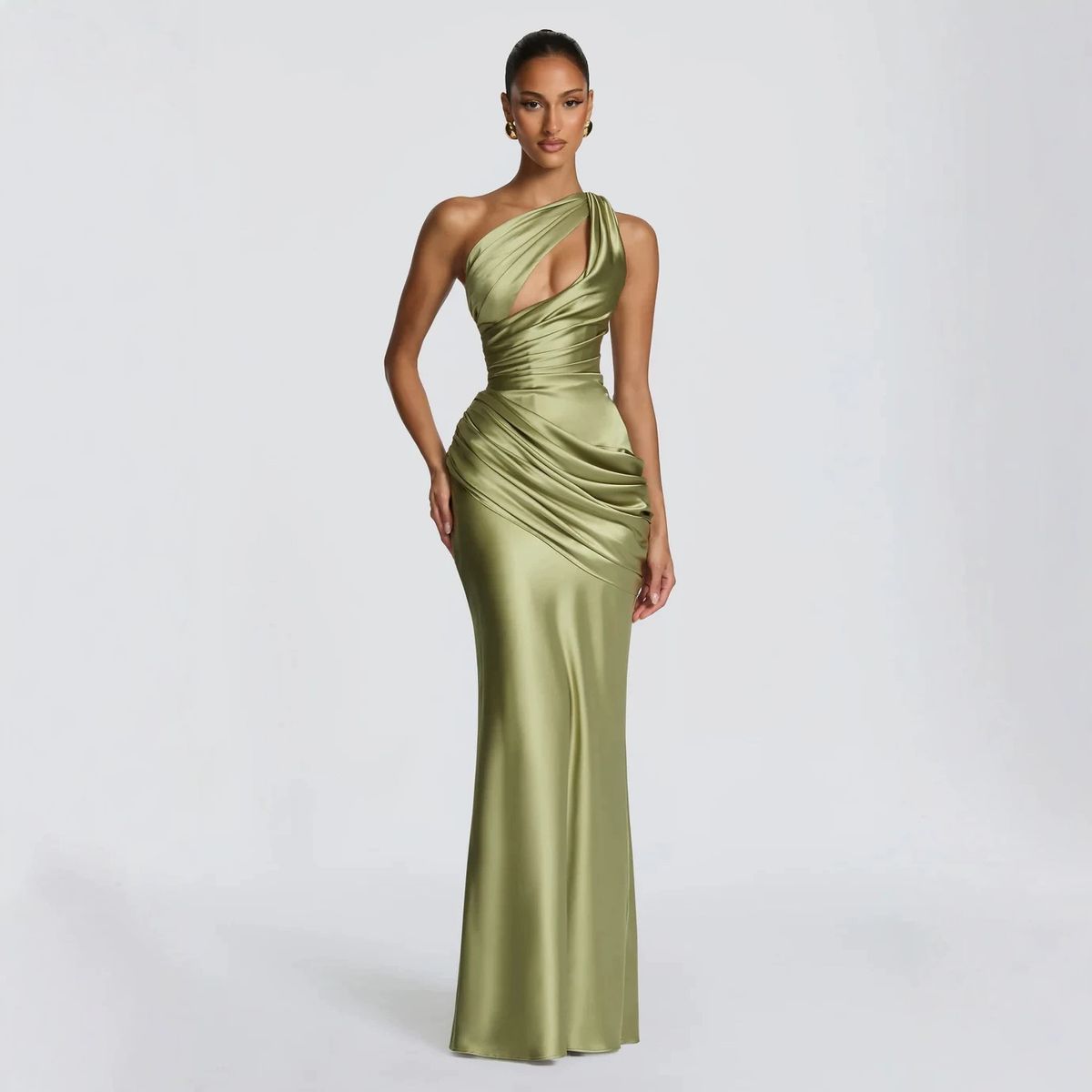 Satin Off-Shoulder Long Dress European American Style Asymmetrical Pleated Waist Fishtail Draped Skirt Hollow out Detail_ecoleips.com