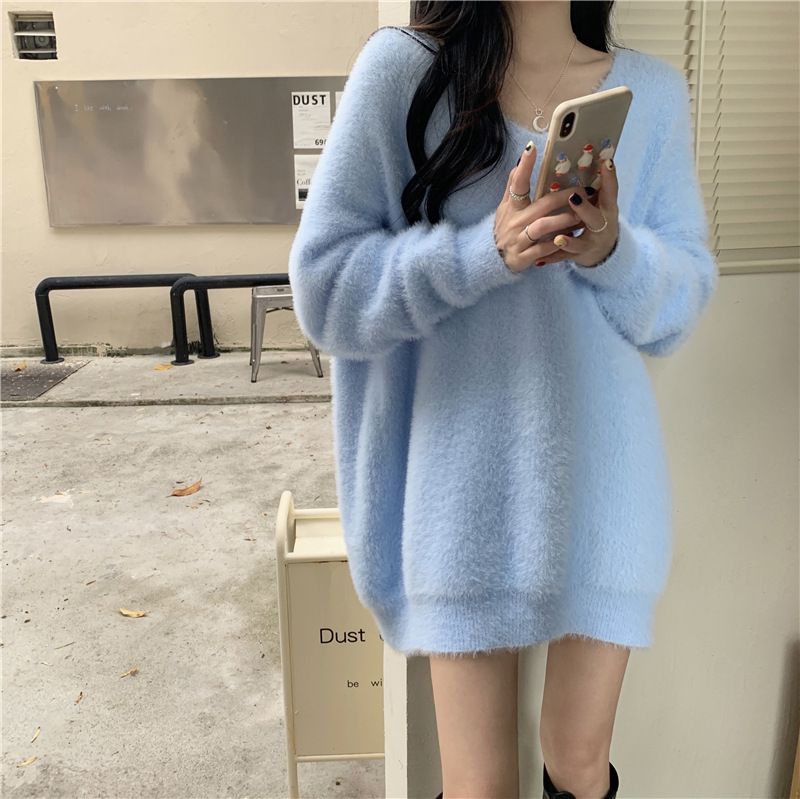 Women's Faux Mink Knit Sweater – Oversized V-Neck Pullover In Soft & Cozy Polyester_ecoleips.com