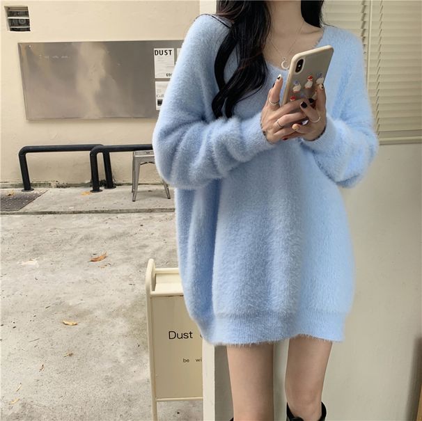 Women's Faux Mink Knit Sweater – Oversized V-Neck Pullover In Soft & Cozy Polyester_ecoleips.com