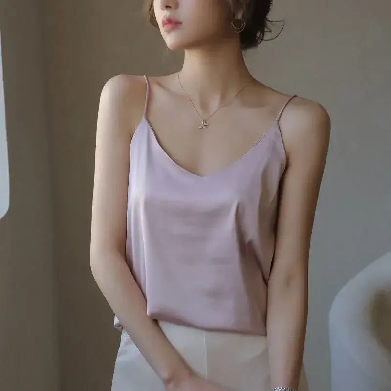 Women Halter V Neck Basic White Cami Spaghetti Strap Top Sleeveless Satin Silk 2026 Tank Tops Women'S Summer Camisole_ecoleips.com