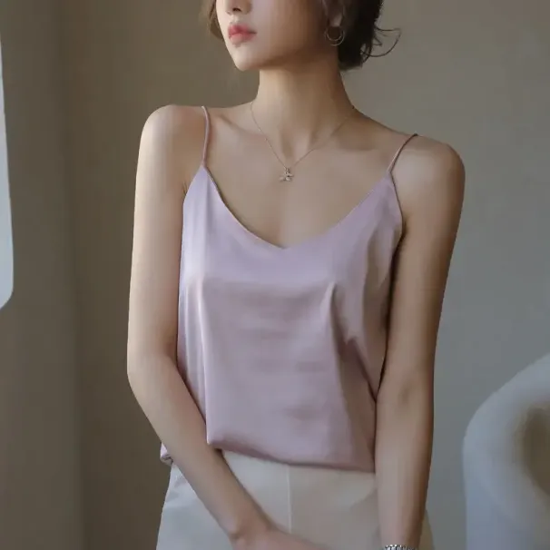 Women Halter V Neck Basic White Cami Spaghetti Strap Top Sleeveless Satin Silk 2026 Tank Tops Women'S Summer Camisole_ecoleips.com