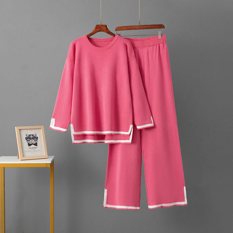 Autumn 2025 Elegant Color Block Slit Long Sleeve Knit Top High Waist Slim Wide Leg Pants Women's Two Piece Set_ecoleips.com