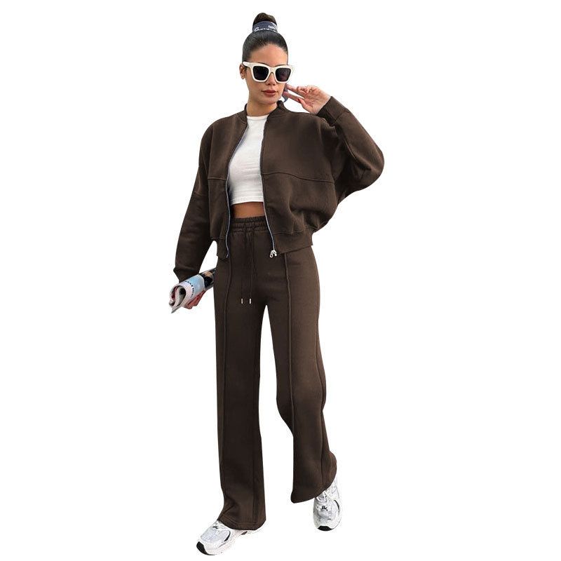 Women's Clothing Autumn And Winter Solid Color Plus Velvet Zipper Cardigan Women's Fashion Casual Straight Pants Set_ecoleips.com