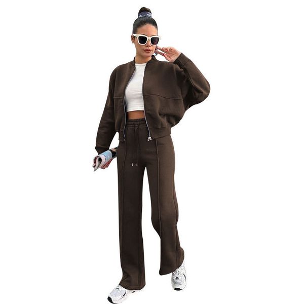 Women's Clothing Autumn And Winter Solid Color Plus Velvet Zipper Cardigan Women's Fashion Casual Straight Pants Set_ecoleips.com