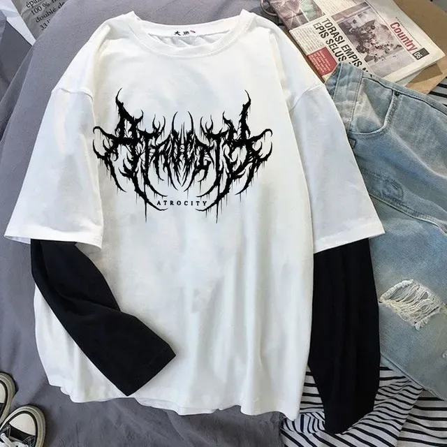 Women Atrocity Print Graphic Fake Two Long Sleeved T-shirts Fashion Gothic Retro Casual Loose Fake Two Long Sleeved T Shirt_ecoleips.com