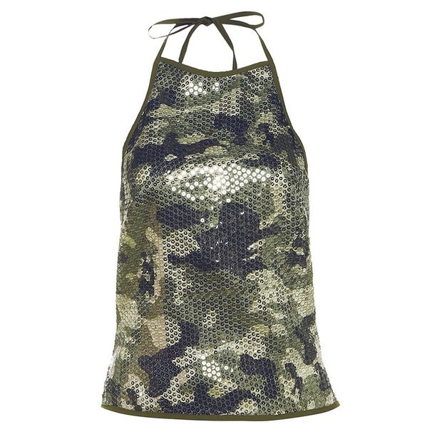 Summer New Women's Camouflage Print Sequin Halter Neck Backless Vest European American Fashion Sexy Hot Girl Top_ecoleips.com