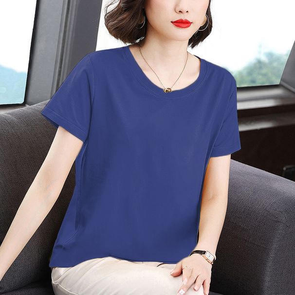 European Fat Girl Plus Size Women's Round Neck Short Sleeve Age-Reducing Summer Solid Color Artistic Retro Loose Casual_ecoleips.com