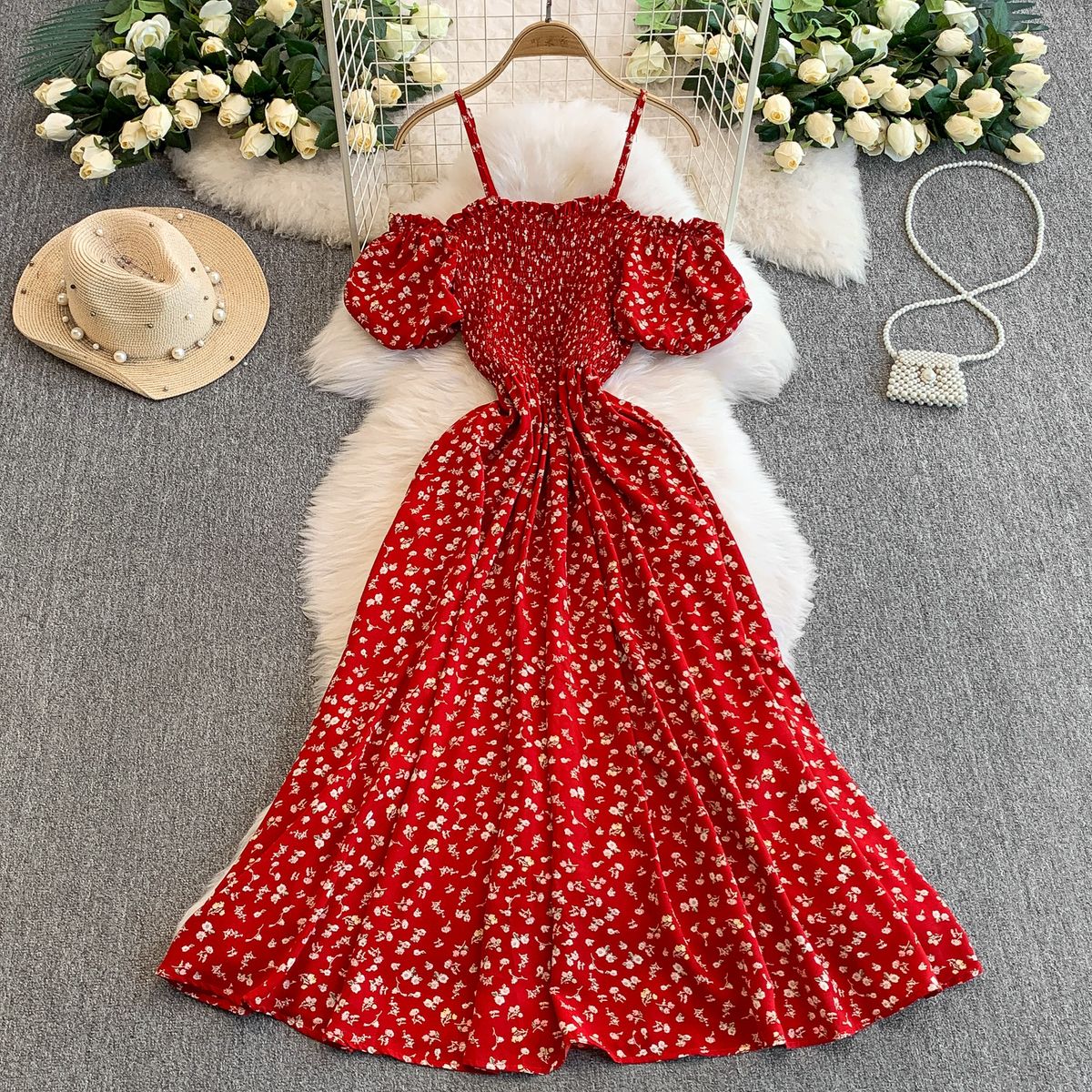 French Green Printed Sleeve One Shoulder Spaghetti Strap Dress for Women Elastic Waist Slim Fit Long Summer Dress_ecoleips.com