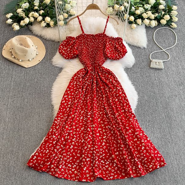French Green Printed Sleeve One Shoulder Spaghetti Strap Dress for Women Elastic Waist Slim Fit Long Summer Dress_ecoleips.com