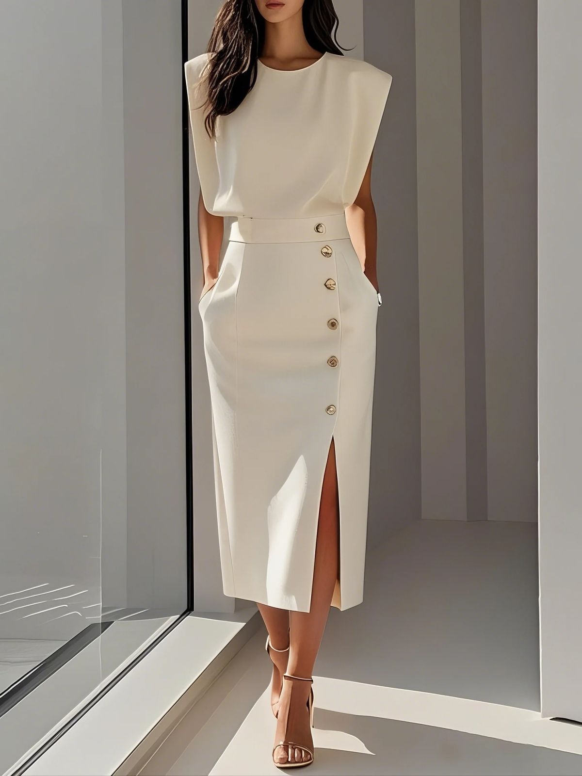 2025 European And American Women's Clothing Round Neck Sleeveless Buttoned Slit Solid Color Long Dress_ecoleips.com