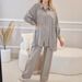 plus Size Two Piece Set European American Style Spring Autumn Loose Long Sleeved Button down Shirt And Wide Leg Pants Solid Color Suit_ecoleips.com