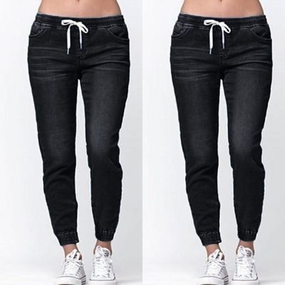 Women's Lantern Denim Trousers With Lace-Up Detail - Vintage Washed Stretch Jeans In Black, Dark Blue & Light Blue_ecoleips.com