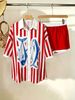 Women's Striped Color-Block Sardine Print Collared Button-Down Short Sleeve Top And Shorts Set Elegant Casual Vacation Style_ecoleips.com