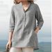 Verve 2025 Autumn New Women's Solid Color Three-Quarter Sleeve Stand Collar Cotton Linen Casual Pullover Shirt_ecoleips.com
