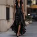 Elegant V-Neck Asymmetrical Dress With Flounce Hem – Breathable Stretch Polyester Midi Dress (XS-XXXL, 8 Colors)_ecoleips.com
