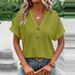2025 Spring/Summer New Women's Fashion Casual Solid Color Button V-neck T-shirt For Women_ecoleips.com