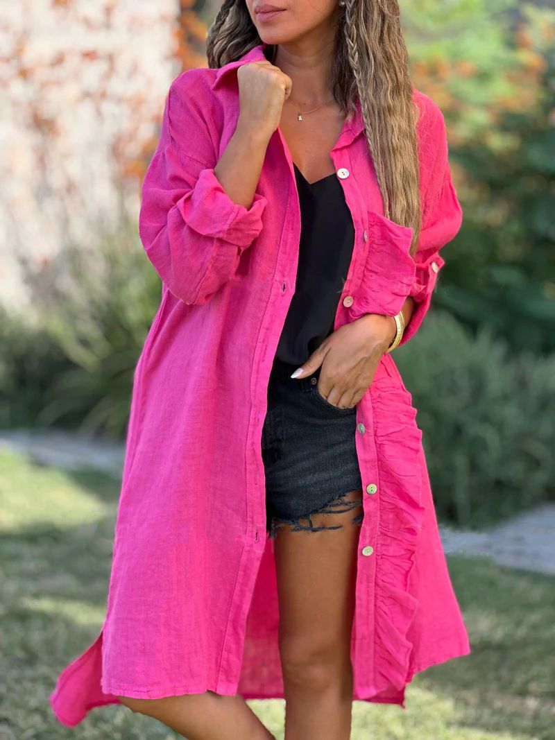 Women's Clothing Cotton Linen Shirt Long Dress Fashion Casual Long Sleeve Cardigan Dress_ecoleips.com