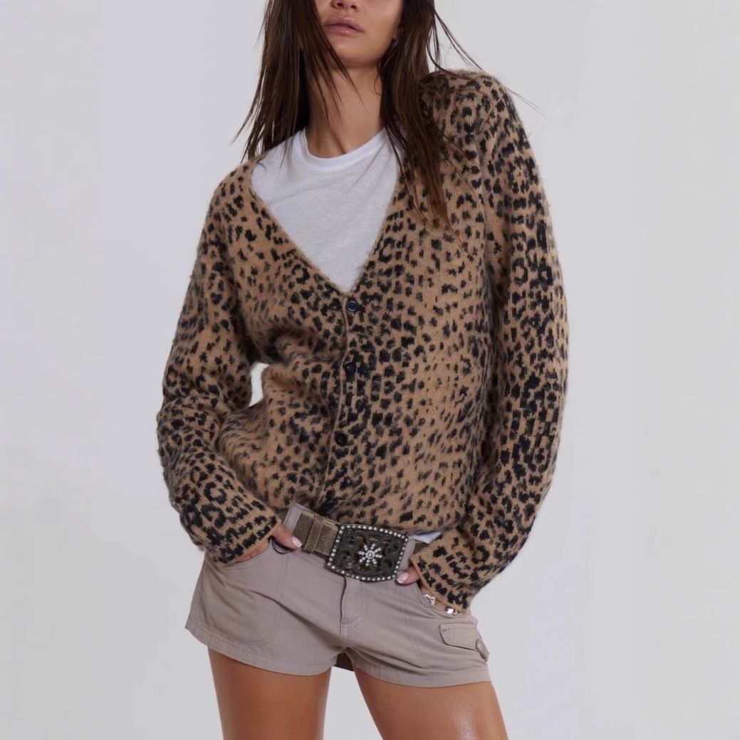 New Versatile American Style Leopard Print V-Neck Knitted Cardigan Hot Girl Sweater Coat Soft Fuzzy 4146_ecoleips.com