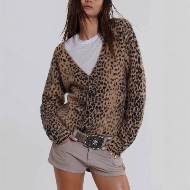 New Versatile American Style Leopard Print V-Neck Knitted Cardigan Hot Girl Sweater Coat Soft Fuzzy 4146_ecoleips.com