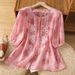 Women's Heavy Duty Round Neck Cardigan Top Embroidered Cotton Linen Loose Fit Short Sleeve Floral T-Shirt New Summer 2026_ecoleips.com