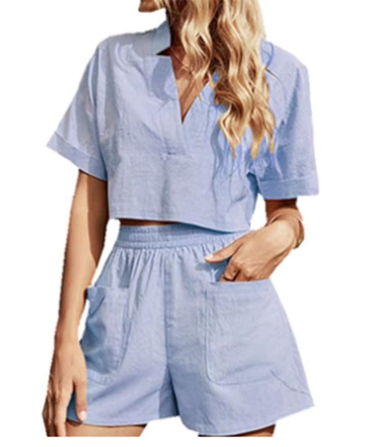 Women's Clothing Cotton And Linen Solid Color V Neck Drop Shoulder Short Sleeve Fashion Casual Loose Shorts Pocket Two Piece Set_ecoleips.com