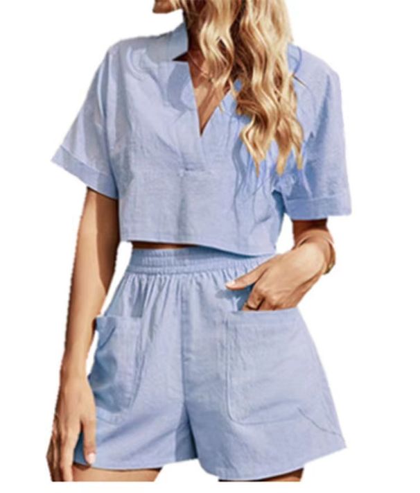 Women's Clothing Cotton And Linen Solid Color V Neck Drop Shoulder Short Sleeve Fashion Casual Loose Shorts Pocket Two Piece Set_ecoleips.com
