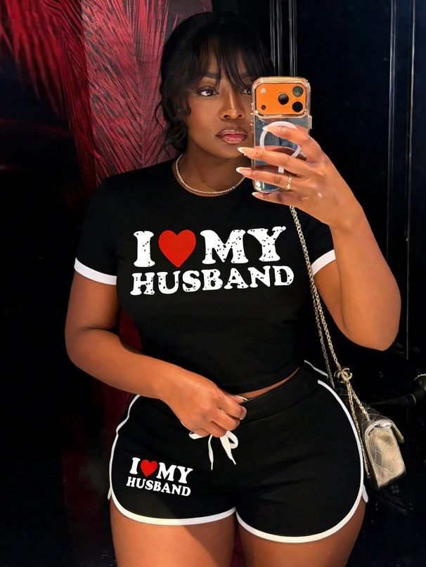 Women's Valentine's Day Letter Print Set Black White Color Block Short Sleeve T-Shirt Drawstring Shorts Two Piece Outfit_ecoleips.com