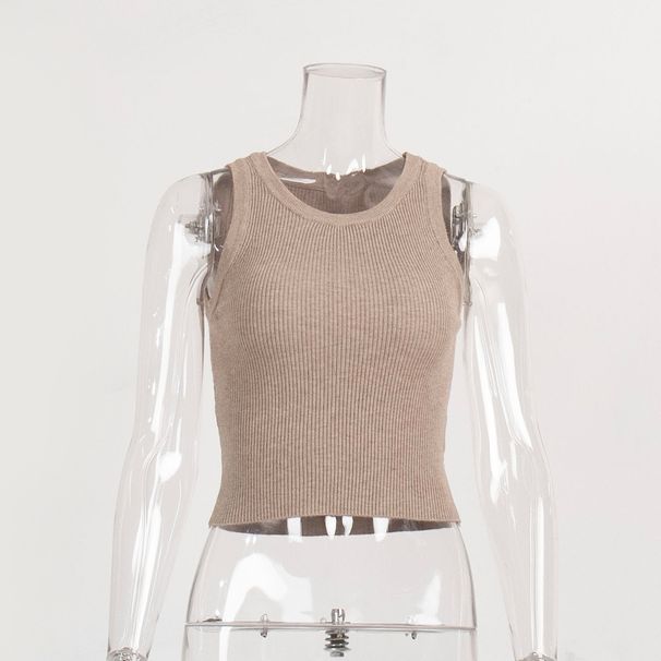 Women's Clothing Knitted Vest Solid Color Slim Fitting Threaded Inner Top Short Y2K Vest_ecoleips.com