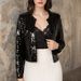 Long Sleeve Round Neck Bling Blouse – Slim Fit Metallic Thread Knit Cardigan (Black/Red/Rose Gold/Silver/Champagne)_ecoleips.com