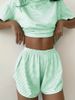 K New Simple And Comfortable Solid Color Knitted Short Sleeve Elastic Waist Shorts Home Clothes Two Piece Set For Women_ecoleips.com