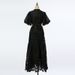 Women's Clothing Women's Heavy Duty V Neck Puff Sleeve Dress Lace Trimmed A Line Long Skirt With Tie Waist Slimming Effect 6 Colors_ecoleips.com