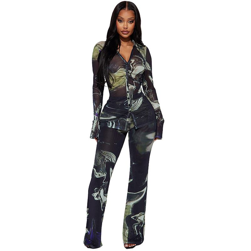 D9755 Women's Clothing Casual Positioning Printed Turn-Down Collar Gathered Button Top Two-Piece Set_ecoleips.com