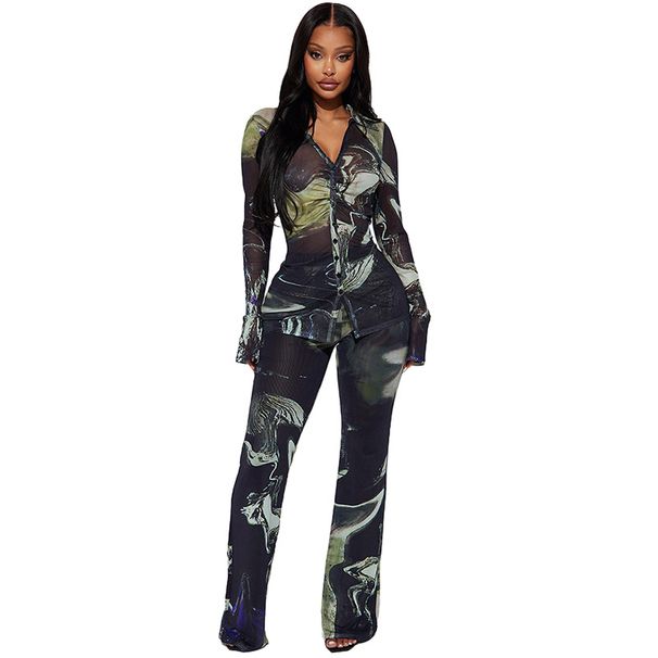 D9755 Women's Clothing Casual Positioning Printed Turn-Down Collar Gathered Button Top Two-Piece Set_ecoleips.com