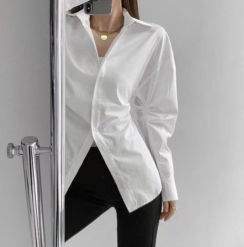 Women's Clothing Long Sleeved Solid Color Shirt Temperament Slim Design Slim Waist Pleated Women Commuting All Match_ecoleips.com