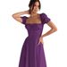 2026 European And American Summer High-Waisted Women's Slimming Elegant Puff Sleeve Tie-Waist Short-Sleeve Dress_ecoleips.com