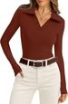 Women's Long Sleeved Casual Top European American Style V Neck Ribbed Knit Sweater Slim Fit Autumn Winter Top with Collar_ecoleips.com